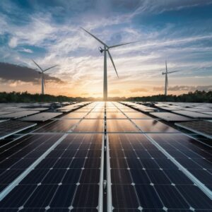 Photovoltaikanlage im Vordergrund mit Windrädern und Sonnenuntergang symbolisiert erneuerbare Energie