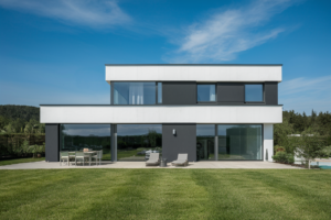 Modernes Einfamilienhaus mit großer Glasfront und grünem Rasen unter blauem Himmel als Teil des neuen Bau- und Wohnpakets