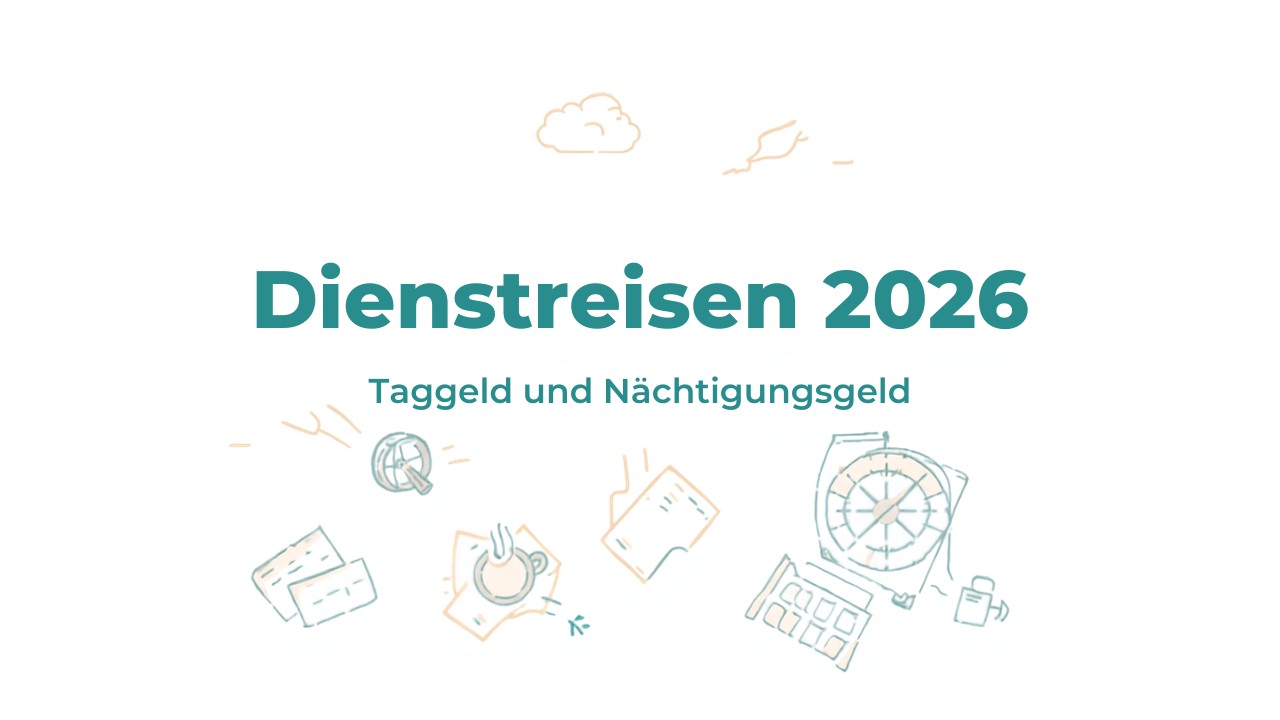 Illustration mit Reiseutensilien wie Kompass, Kaffeetasse und Belegen, dazu der Schriftzug Dienstreisen 2026 – Taggeld und Nächtigungsgeld